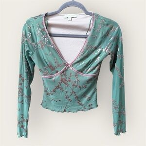 Thirty Thirty mesh long sleeve cherry blossom top with velvet trim and design
